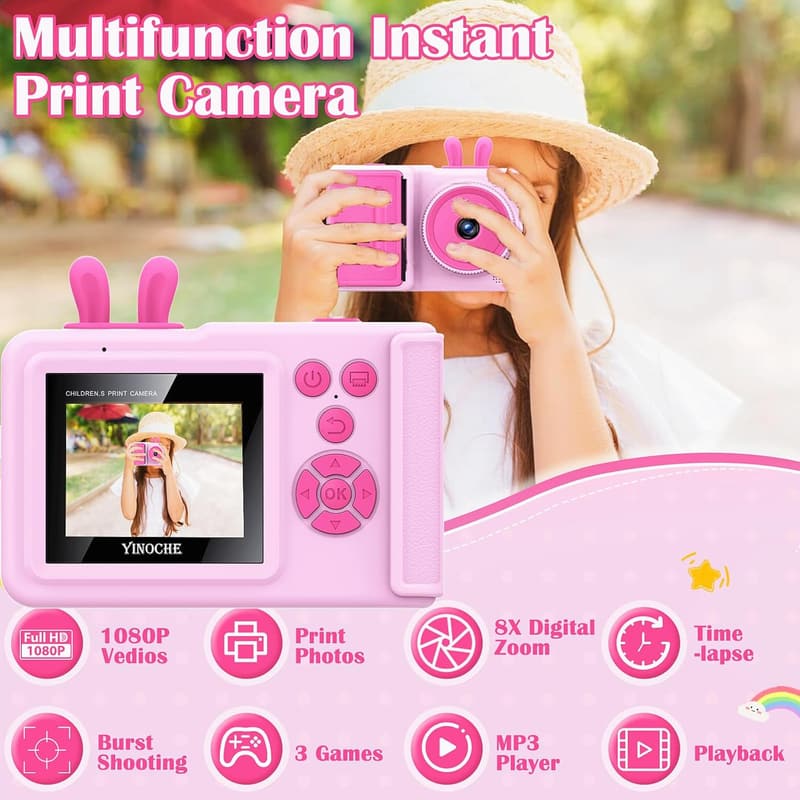 Kids Instant Print Camera for Ages 3-12 - 1080P Digital Toy (Pink)