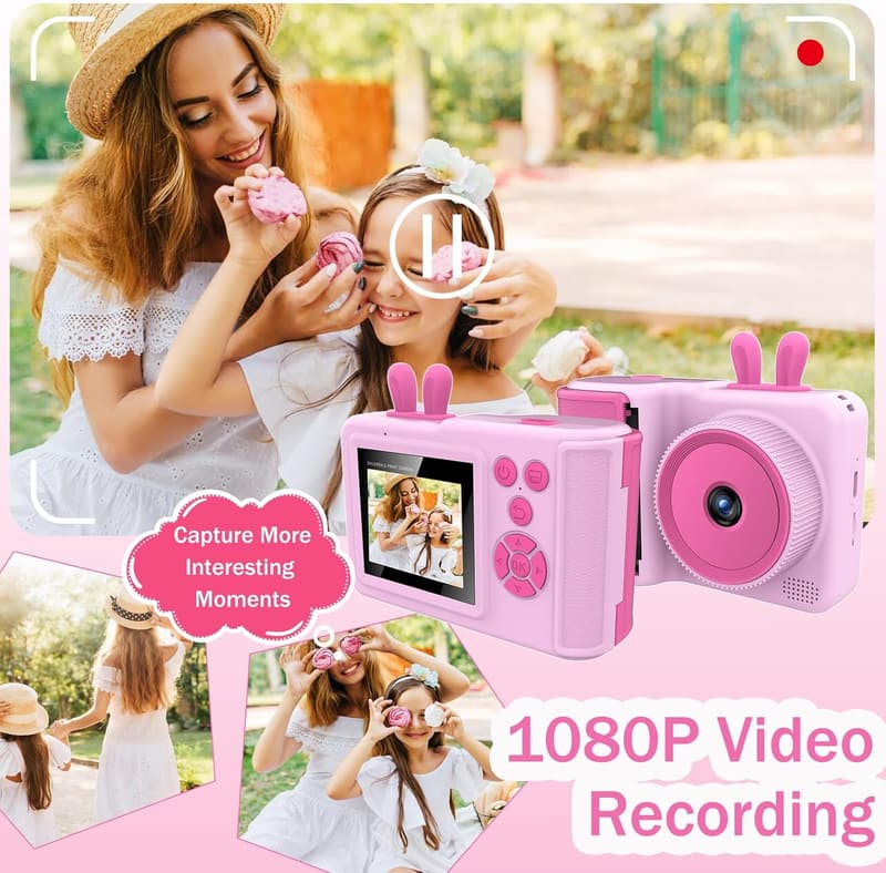 Kids Instant Print Camera for Ages 3-12 - 1080P Digital Toy (Pink)