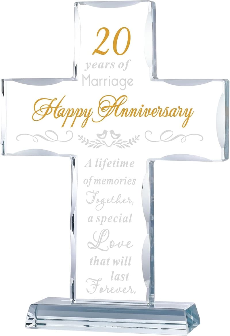 20th Anniversary Laser Engraved Glass Cross Keepsake for Couples