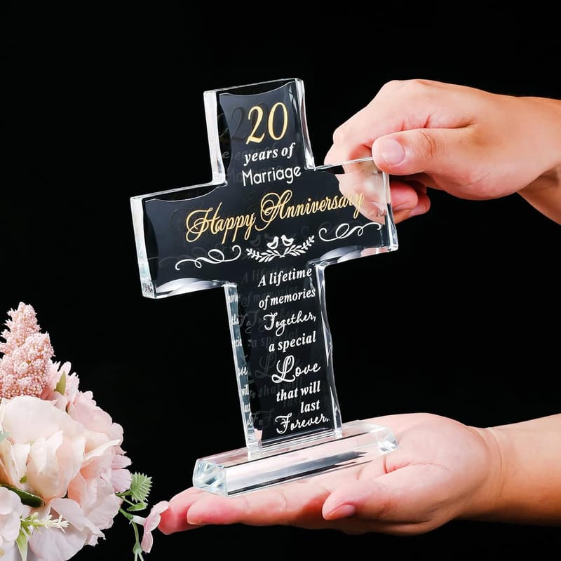 20th Anniversary Laser Engraved Glass Cross Keepsake for Couples