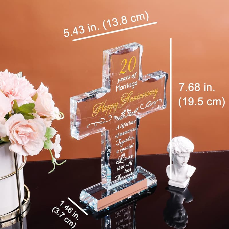 20th Anniversary Laser Engraved Glass Cross Keepsake for Couples