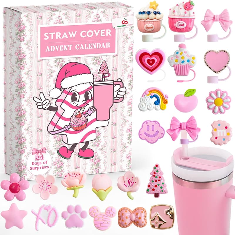 Christmas Advent Calendar 2024 with Straw Toppers for Tumblers