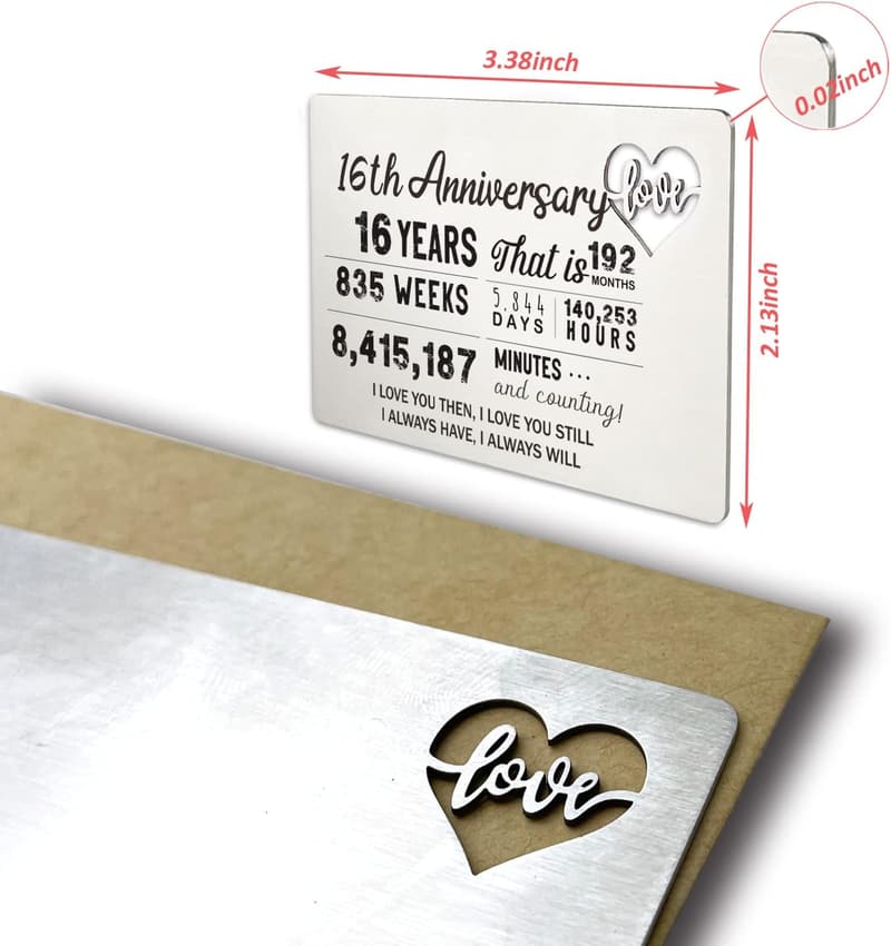 16th Anniversary Engraved Metal Wallet Insert for Him