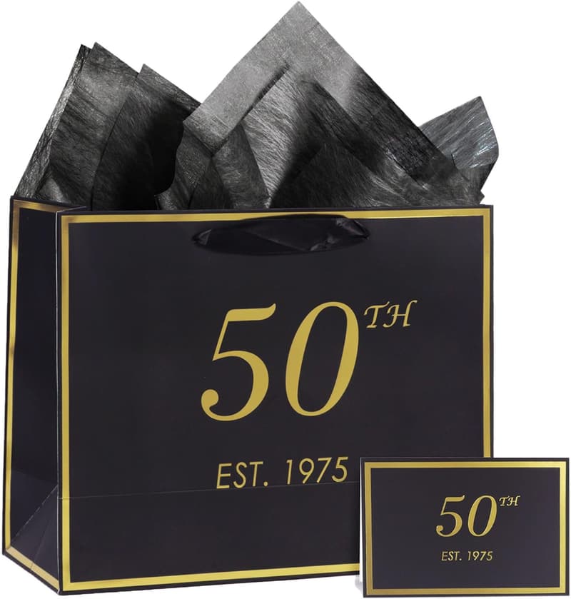 50th Birthday Gift Bag with Card and Tissue Paper for Adults