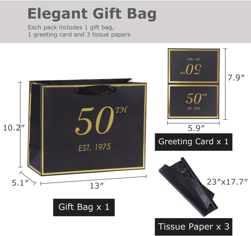 50th Birthday Gift Bag with Card and Tissue Paper for Adults