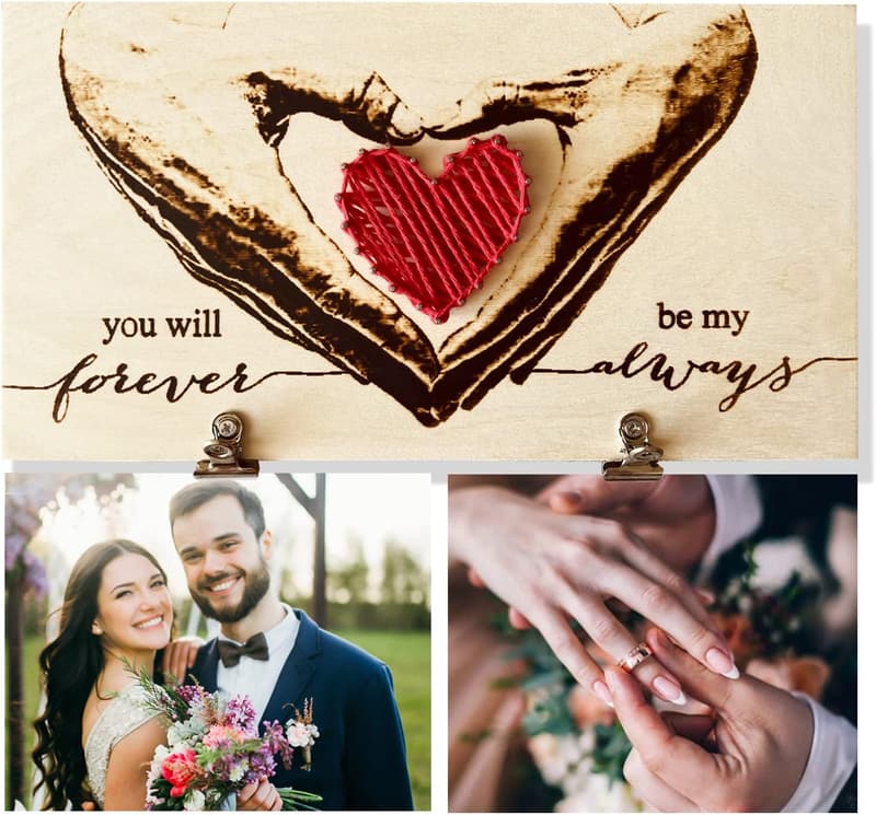 2nd Anniversary Photo Clips with Pyrography and Cotton String Heart