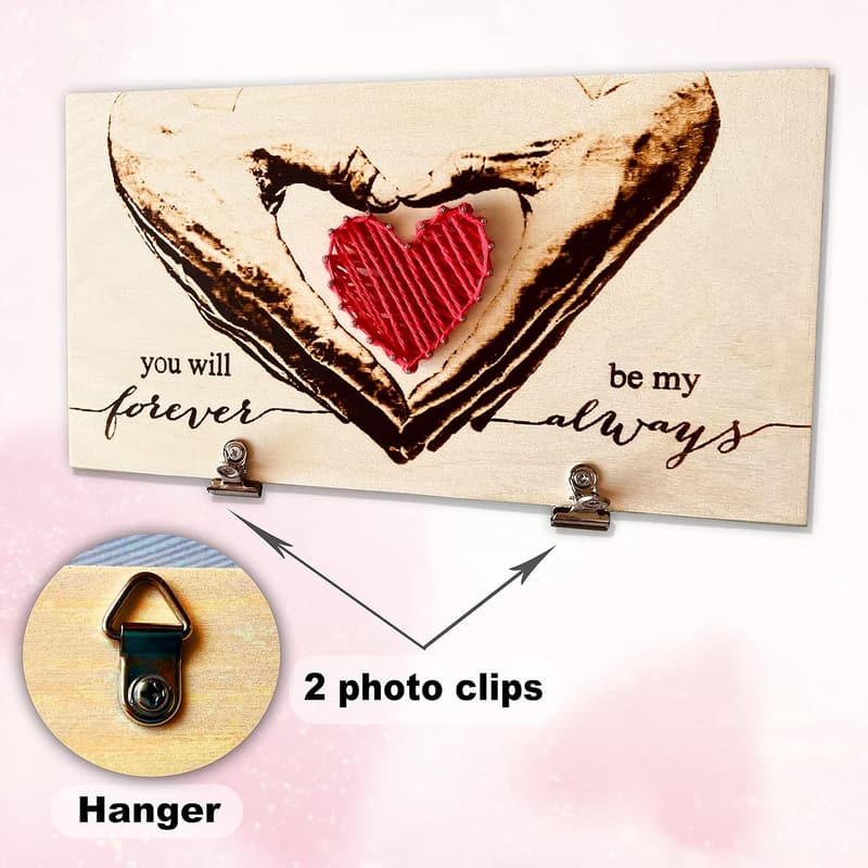 2nd Anniversary Photo Clips with Pyrography and Cotton String Heart