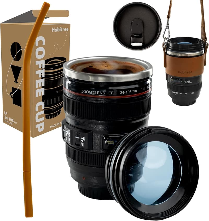 Photographer's Stainless Steel Lens Mug with 2 Lids & Straw