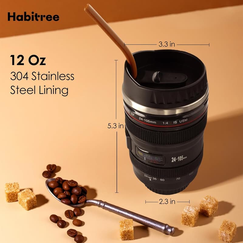 Photographer's Stainless Steel Lens Mug with 2 Lids & Straw