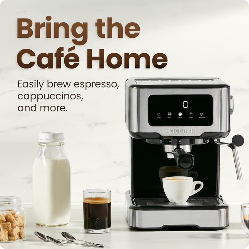 Compact 15-Bar Espresso Machine with Steam Wand - Stainless Steel