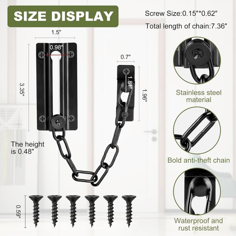 Premium Black Door Chain Lock (2 Pack) - Secure Inside Doors
