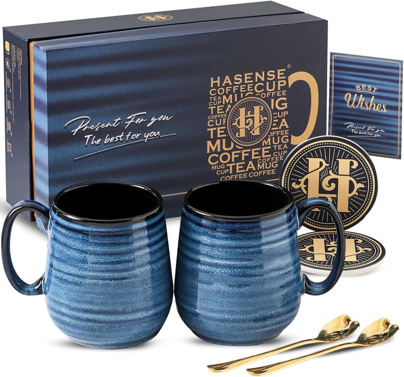 Mother's Day Ceramic Coffee Mug Set - 20 oz Blue Couple Cups