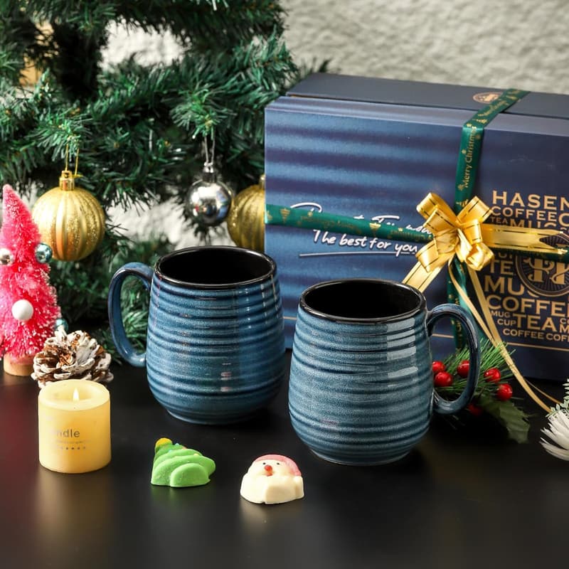 Mother's Day Ceramic Coffee Mug Set - 20 oz Blue Couple Cups