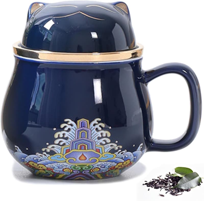 Cute Cat Tea Mug with Lid & Filter – 10.8oz, Dark Blue