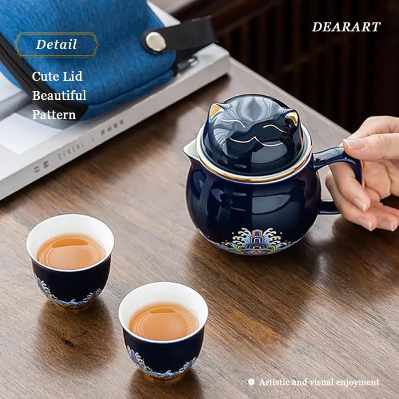 Cute Cat Tea Mug with Lid & Filter – 10.8oz, Dark Blue