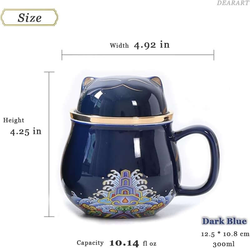 Cute Cat Tea Mug with Lid & Filter – 10.8oz, Dark Blue