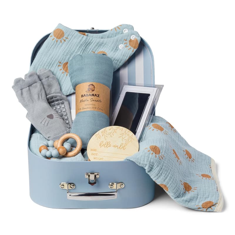 Newborn Boy Gift Set - Plush Blanket, Swaddle, Teether & Record Kit