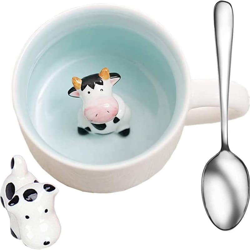 Cute Cow Ceramic Mugs Set with Spoon - 3 Pcs, 350ML