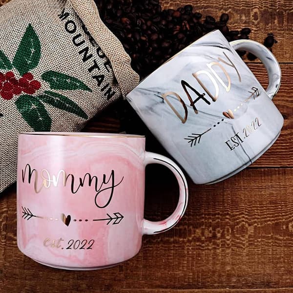 First Father's Day Marble Mugs Set for New Parents - Est. 2022