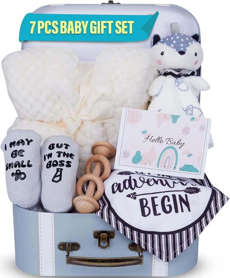 Baby Shower Gift Set | 7-Piece Infant Gift Box with Blanket & Rattle