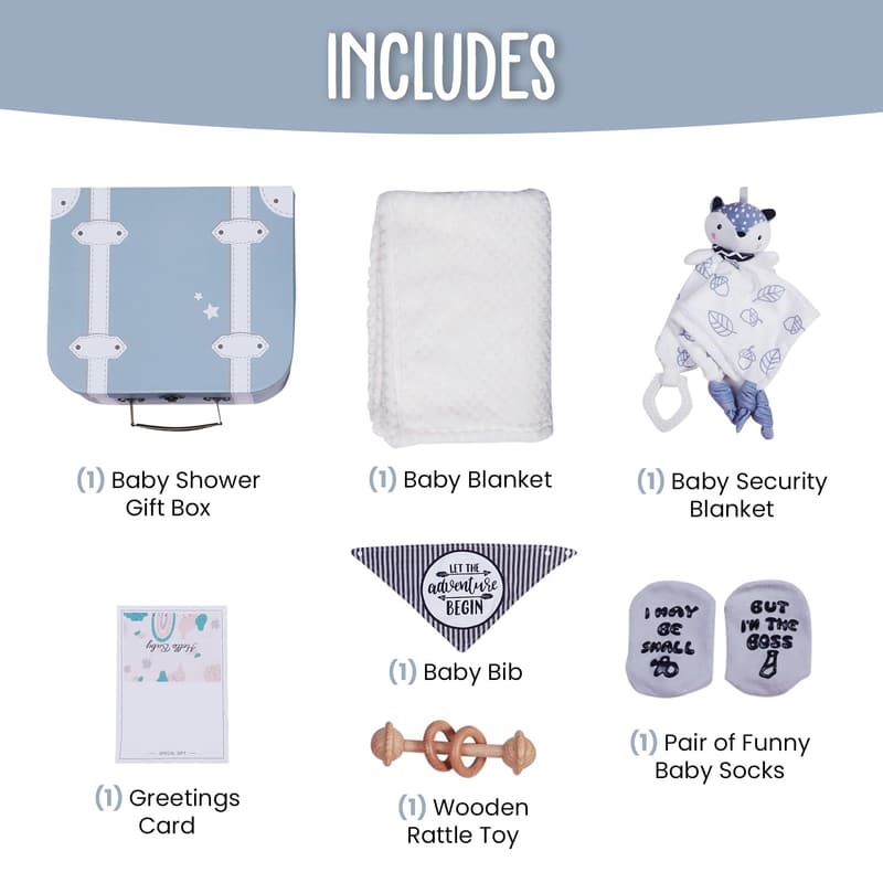 Baby Shower Gift Set | 7-Piece Infant Gift Box with Blanket & Rattle