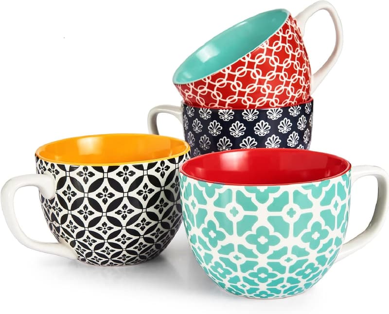 Set of 4 Jumbo Ceramic Coffee Mugs - 24 oz, Vibrant Colors