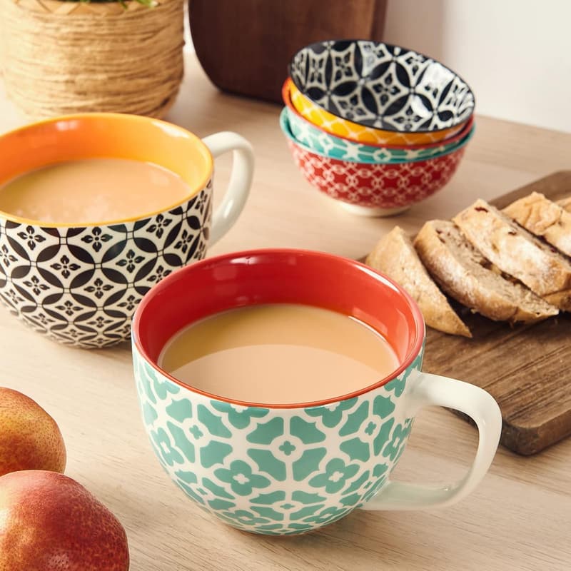 Set of 4 Jumbo Ceramic Coffee Mugs - 24 oz, Vibrant Colors