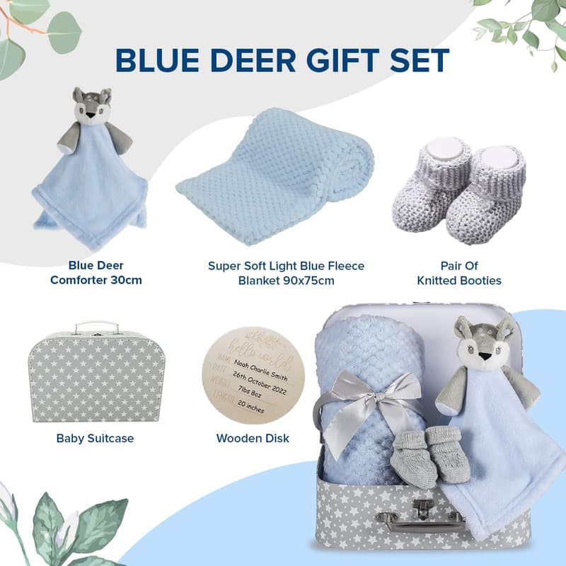 Newborn Blue Deer Fawn Gift Set with Blanket, Booties & Box