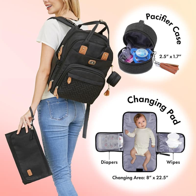Unisex Diaper Bag Backpack with Changing Pad and Pacifier Case
