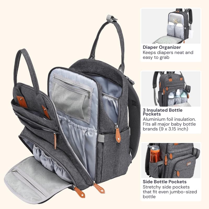 Unisex Waterproof Diaper Bag Backpack with Changing Pad - Dark Gray