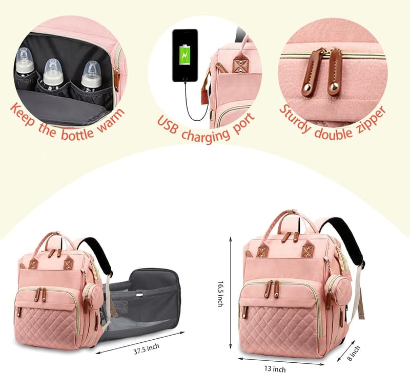 Peach Pink 3-in-1 Waterproof Diaper Bag with Changing Pad
