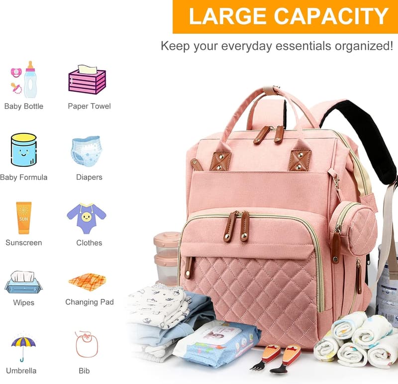 Peach Pink 3-in-1 Waterproof Diaper Bag with Changing Pad