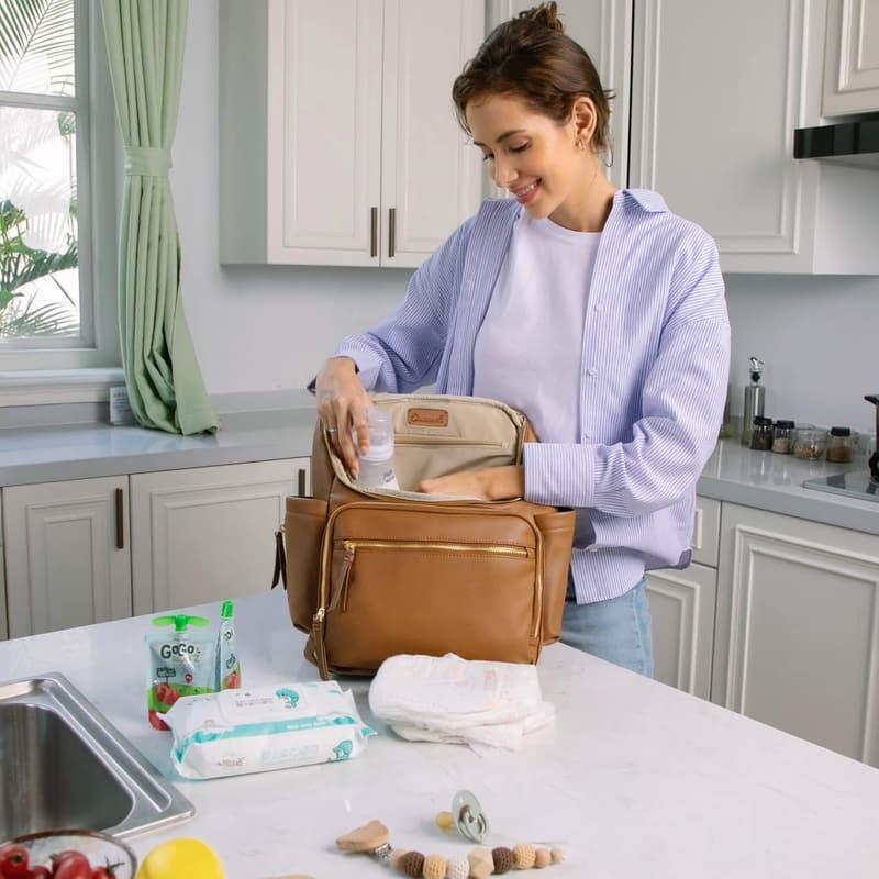 Brown Leather Diaper Bag Backpack with 17 Organizing Pouches