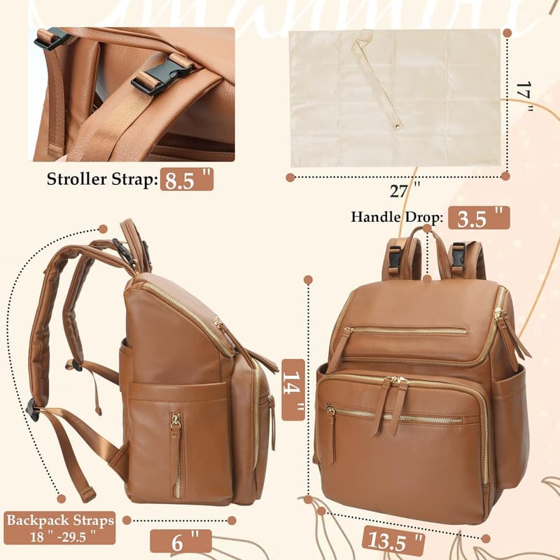 Brown Leather Diaper Bag Backpack with 17 Organizing Pouches