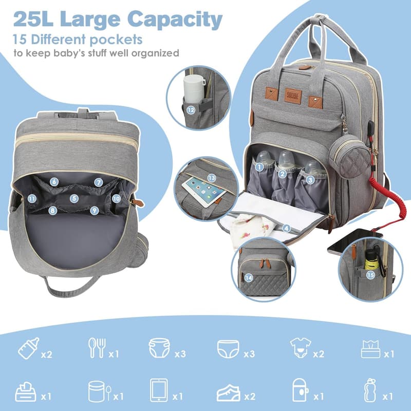 Large Waterproof Diaper Bag Backpack with Changing Station