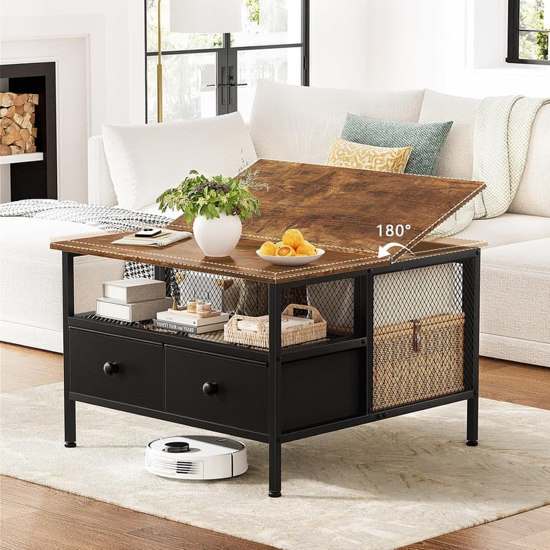 Farmhouse Flip Top Coffee Table with Storage - Black Metal/Wood