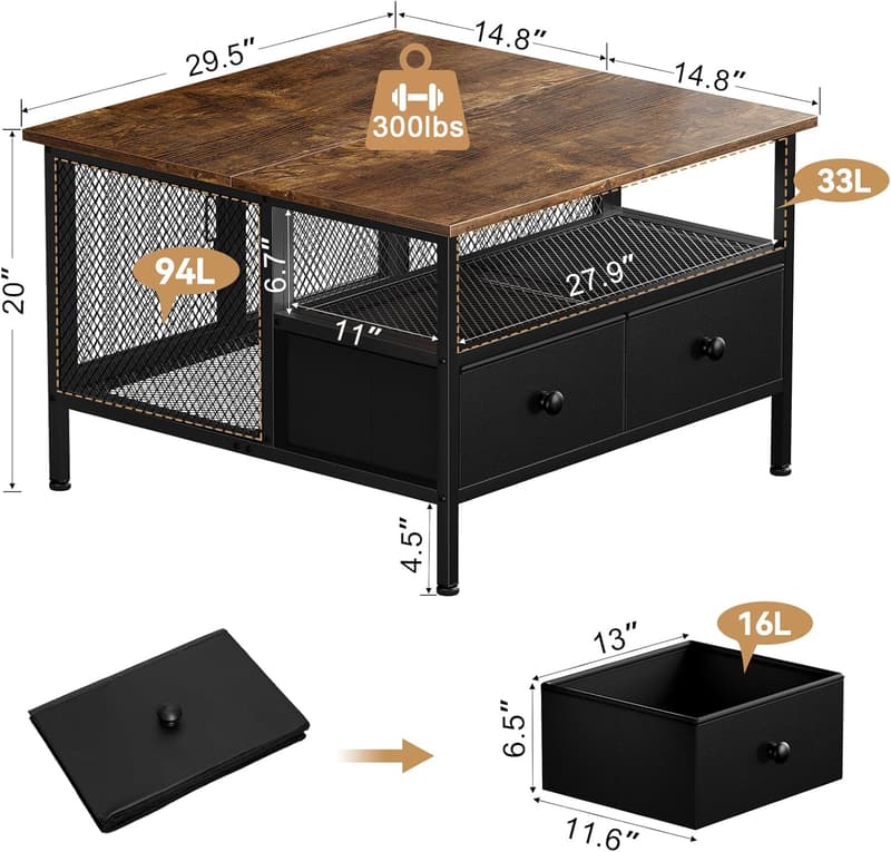 Farmhouse Flip Top Coffee Table with Storage - Black Metal/Wood