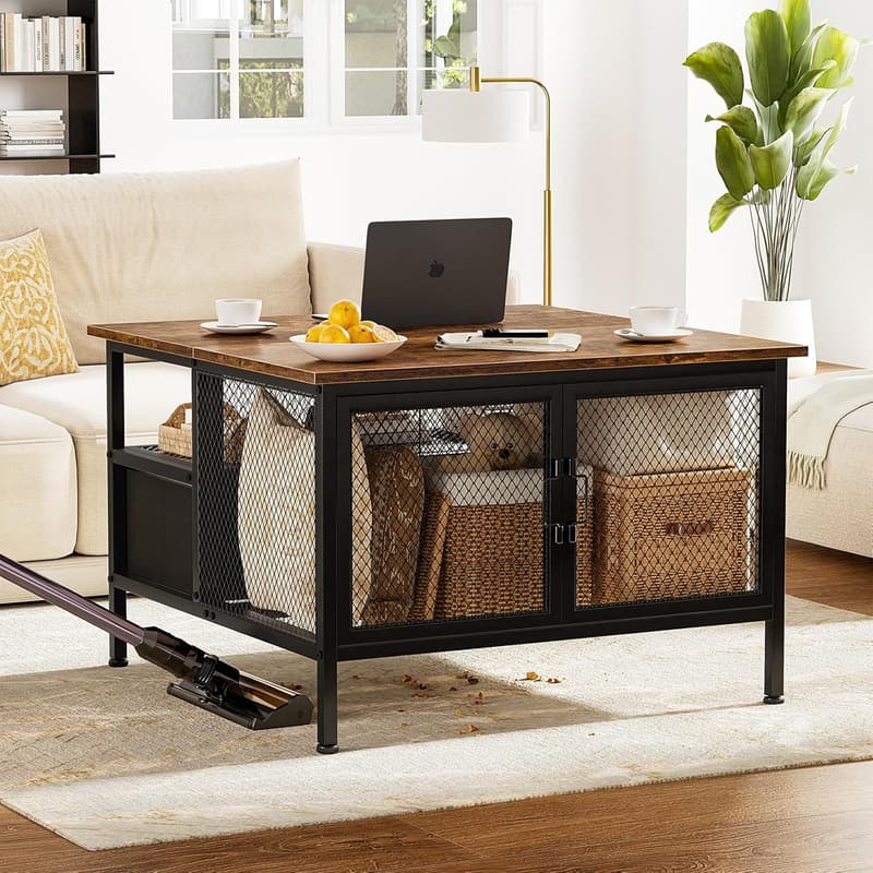 Farmhouse Flip Top Coffee Table with Storage - Black Metal/Wood
