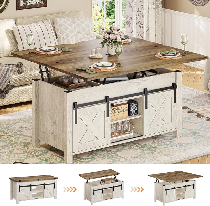 Convertible Coffee Table with Storage - Farmhouse Style, Brown