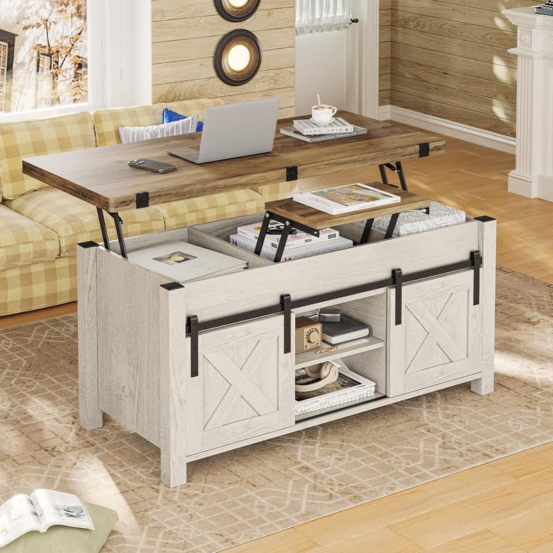 Convertible Coffee Table with Storage - Farmhouse Style, Brown