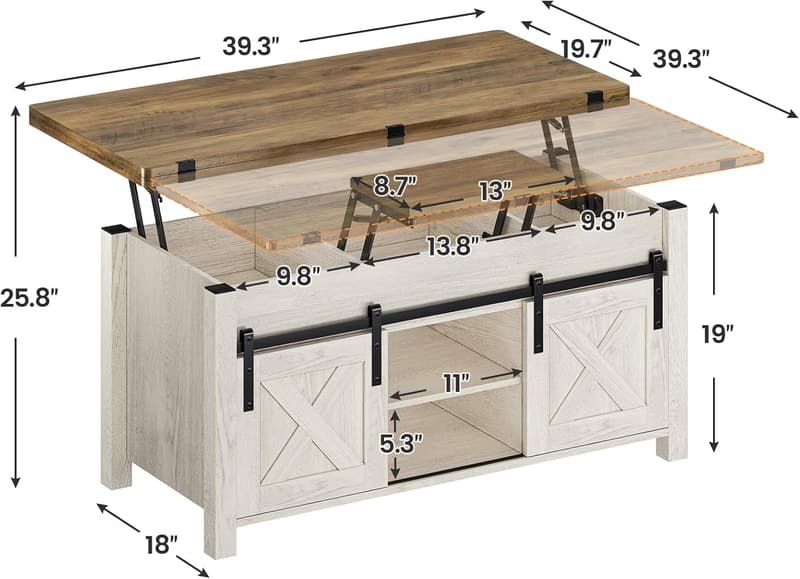 Convertible Coffee Table with Storage - Farmhouse Style, Brown