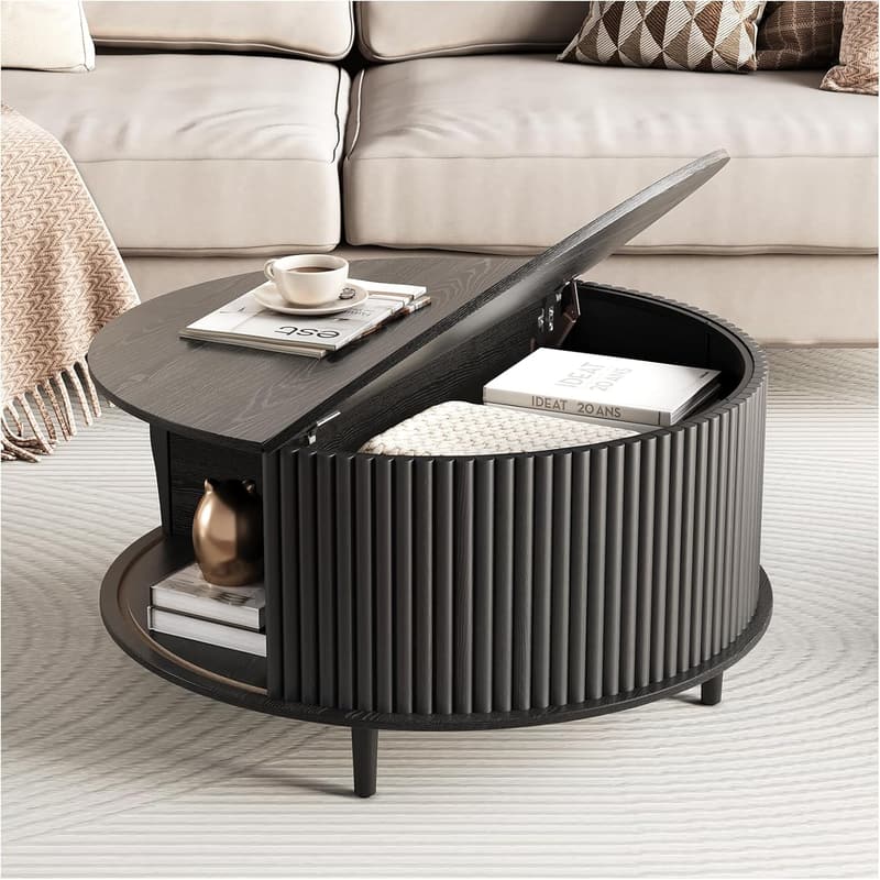 Fluted Black Coffee Table with Storage for Small Spaces
