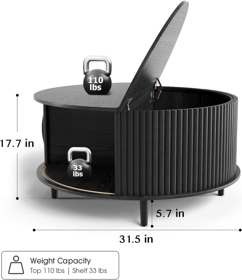 Fluted Black Coffee Table with Storage for Small Spaces