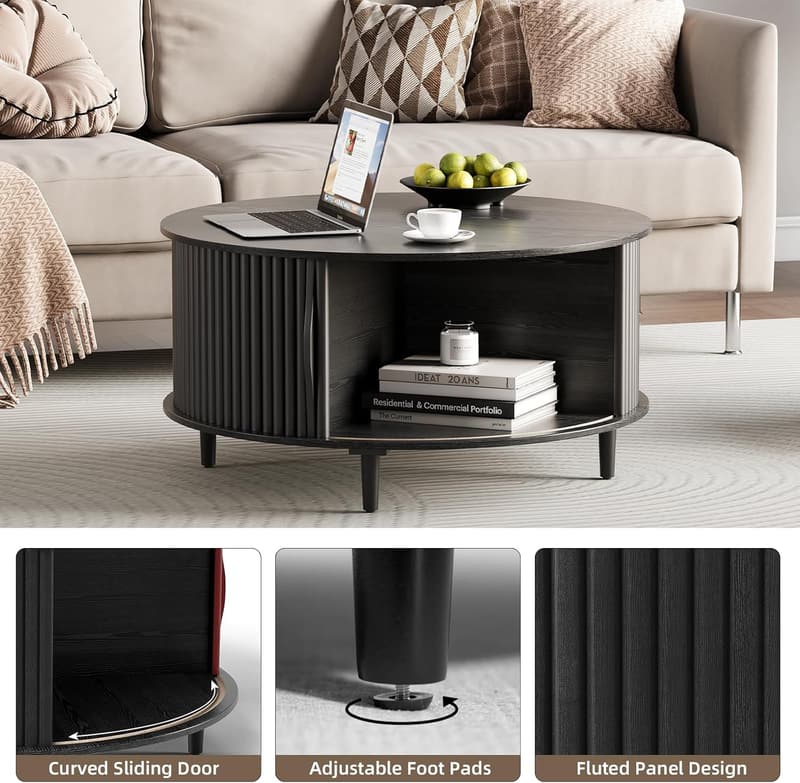 Fluted Black Coffee Table with Storage for Small Spaces