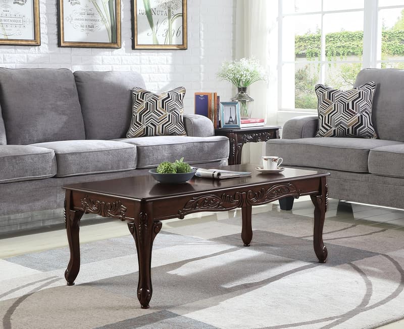 Traditional Dark Cherry Wood Coffee Table with Ornate Detailing