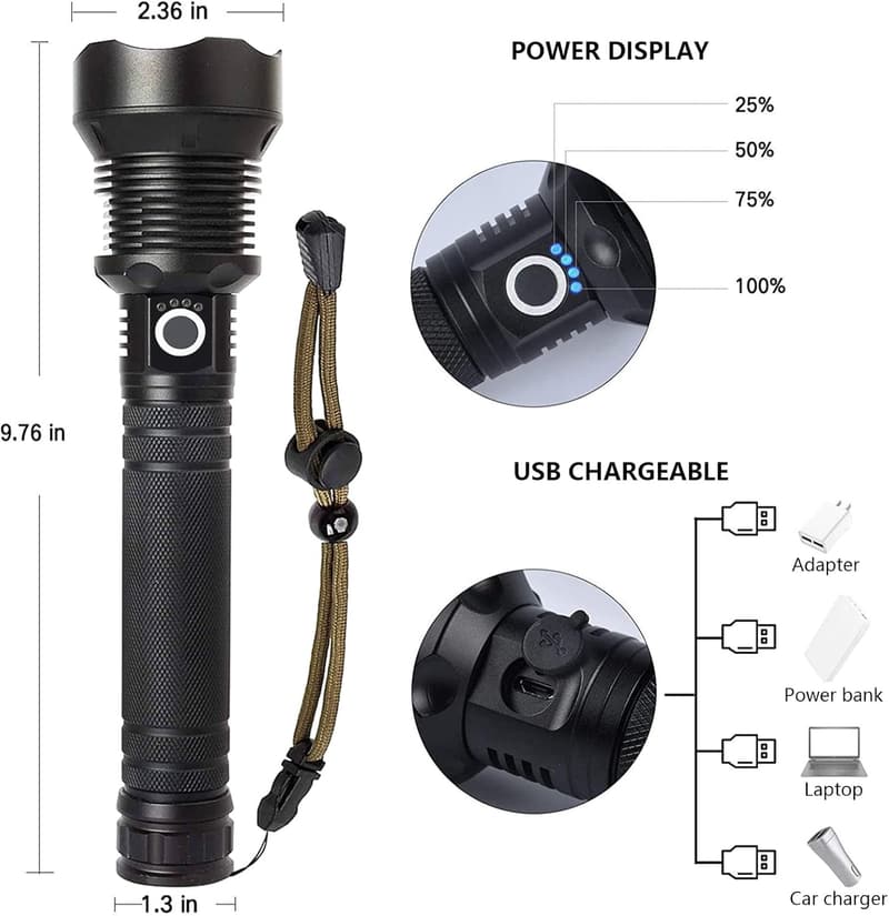 Super Bright 90,000 Lumens Rechargeable LED Flashlight for Camping