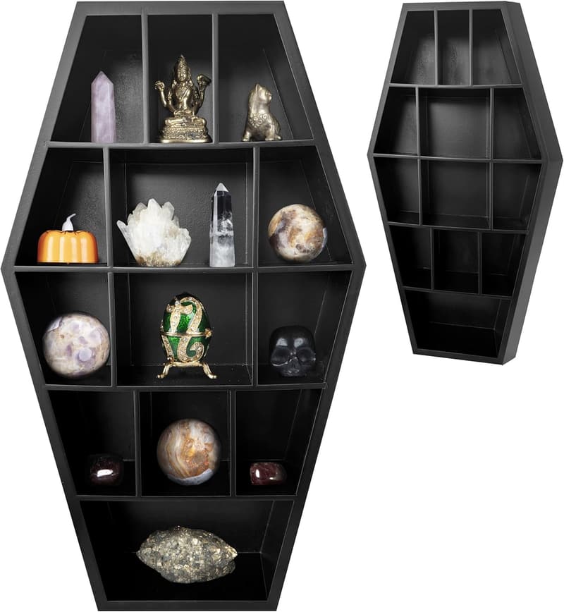 Goth Wooden Curio Coffin Shelf for Display & Storage