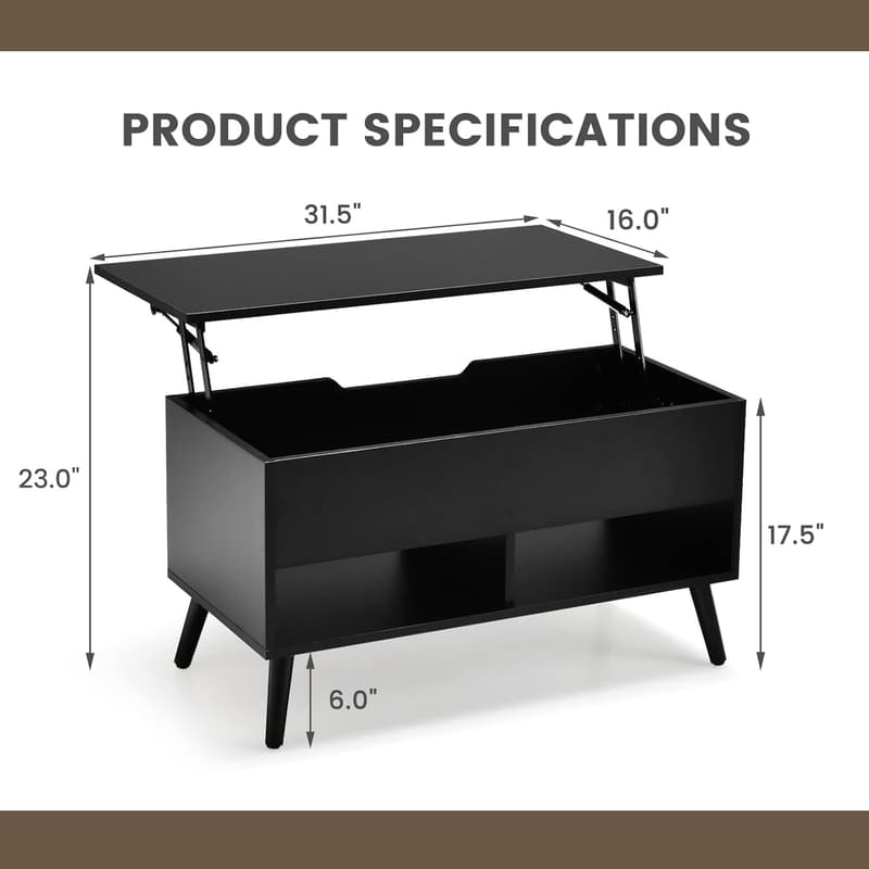 Modern Lift Top Coffee Table with Hidden Compartment – Black