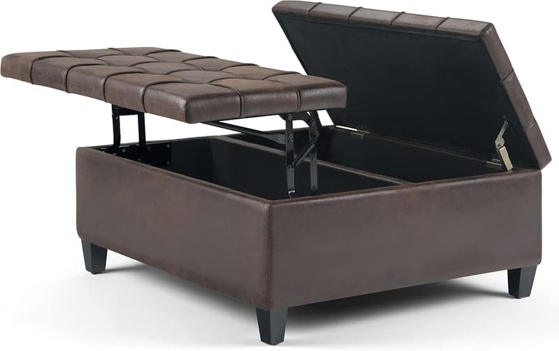 Distressed Brown Faux Leather Square Coffee Table Ottoman