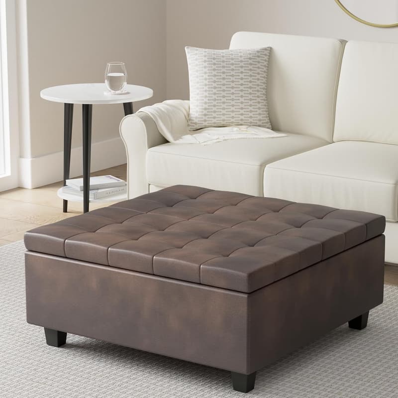 Distressed Brown Faux Leather Square Coffee Table Ottoman